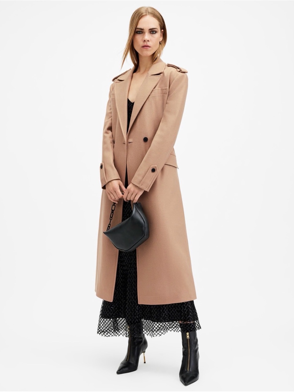 NWT Women's ALL SAINTS Augusta Camel Brown Italian Cloth Trench Coat - US 4